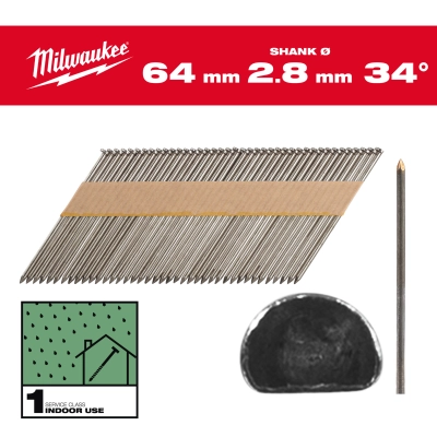 Gwoździe 34&#176; pierścieniowe sfazowana głowa, jasne 64mm - 2200szt - M18FFN | 4932492596