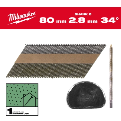 Gwoździe 34&#176; pierścieniowe okrągły łeb jasny 80mm - 2200szt - M18FFN | 4932492603