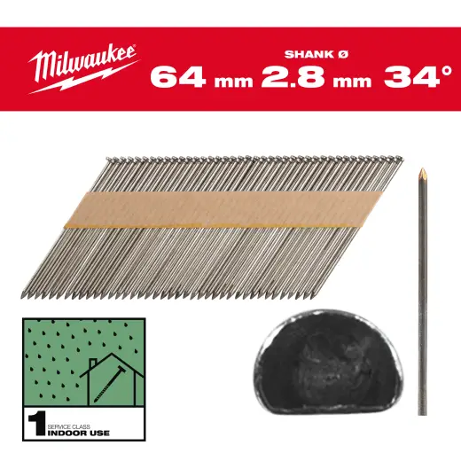 Gwoździe 34&#176; pierścieniowe sfazowana głowa, jasne 64mm - 2200szt - M18FFN | 4932492596