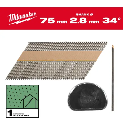 Gwoździe 34&#176; pierścieniowe sfazowana głowa, jasne 75mm - 2200szt - M18FFN | 4932492597