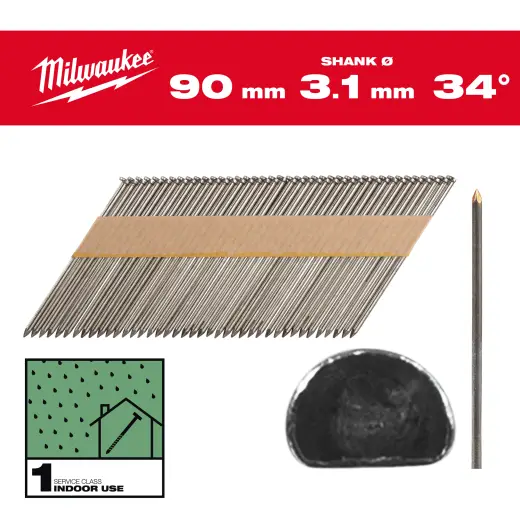 Gwoździe 34&#176; pierścieniowe sfazowana głowa, jasne 90mm - 2200szt - M18FFN | 4932492598