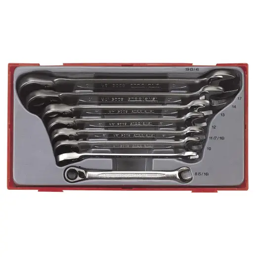8-elementowy zestaw kluczy płasko-oczkowych zapadkowych calowych Teng Tools TT6508R