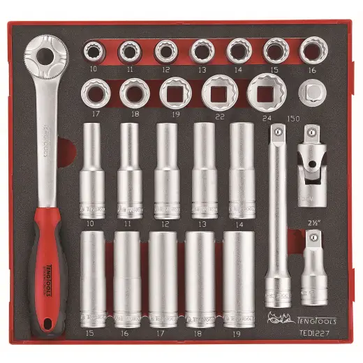 27-elementowy zestaw narzędzi nasadkowych z chwytem kwadratowym 1/2" Teng Tools TED1227