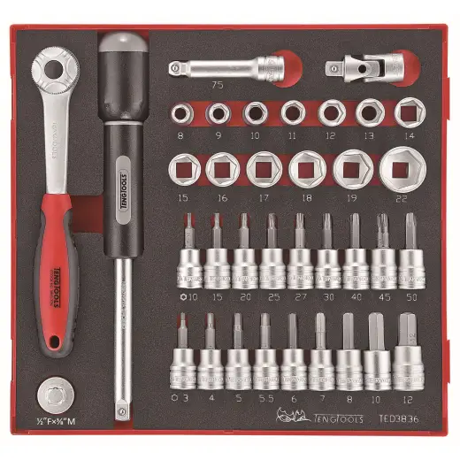 36-elementowy zestaw narzędzi nasadkowych z chwytem kwadratowym 3/8" Teng Tools TED3836