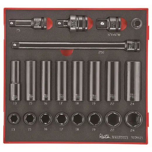 21-elementowy zestaw nasadek maszynowych z chwytem kwadratowym 1/2" Teng Tools TED 9121