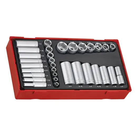 32-elementowy zestaw nasadek calowych z chwytem kwadratowym 1/4" i 3/8" Teng Tools TTAF32