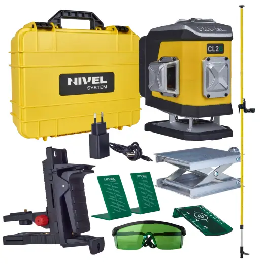 Laser 2-płaszczyznowy krzyżowy zielony Nivel System CL2G + tyczka LP36
