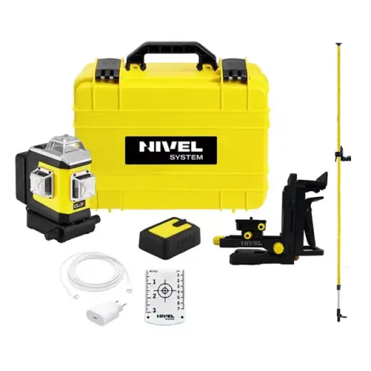Laser 3-płaszczyznowy krzyżowy czerwony z funkcją precyzyjnego ustawiania kierunku wiązki Nivel System CLx3R + tyczka LP36
