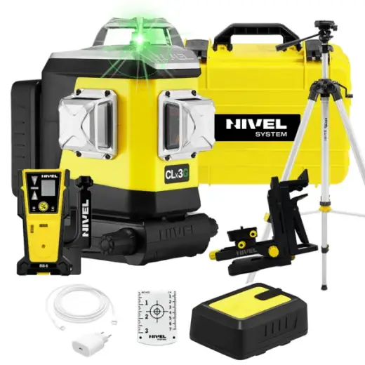 Laser 3-płaszczyznowy krzyżowy zielony z funkcją precyzyjnego ustawiania kierunku wiązki Nivel System CLx3G + statyw SJJM1EX + odbiornik CLS5
