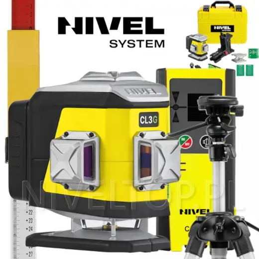 Laser 1-płaszczyznowy krzyżowy zielony Nivel System CL1G + statyw SJJM1EX + odbiornik CLS4 + łata laserowa LS24