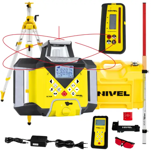 Laser rotacyjny niwelator czerwony Nivel System NL740R DIGITAL+ statyw SJJ32 + łata laserowa LS24